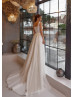 Square Neck Ivory Glitter Lace Wedding Dress With Detachable Train